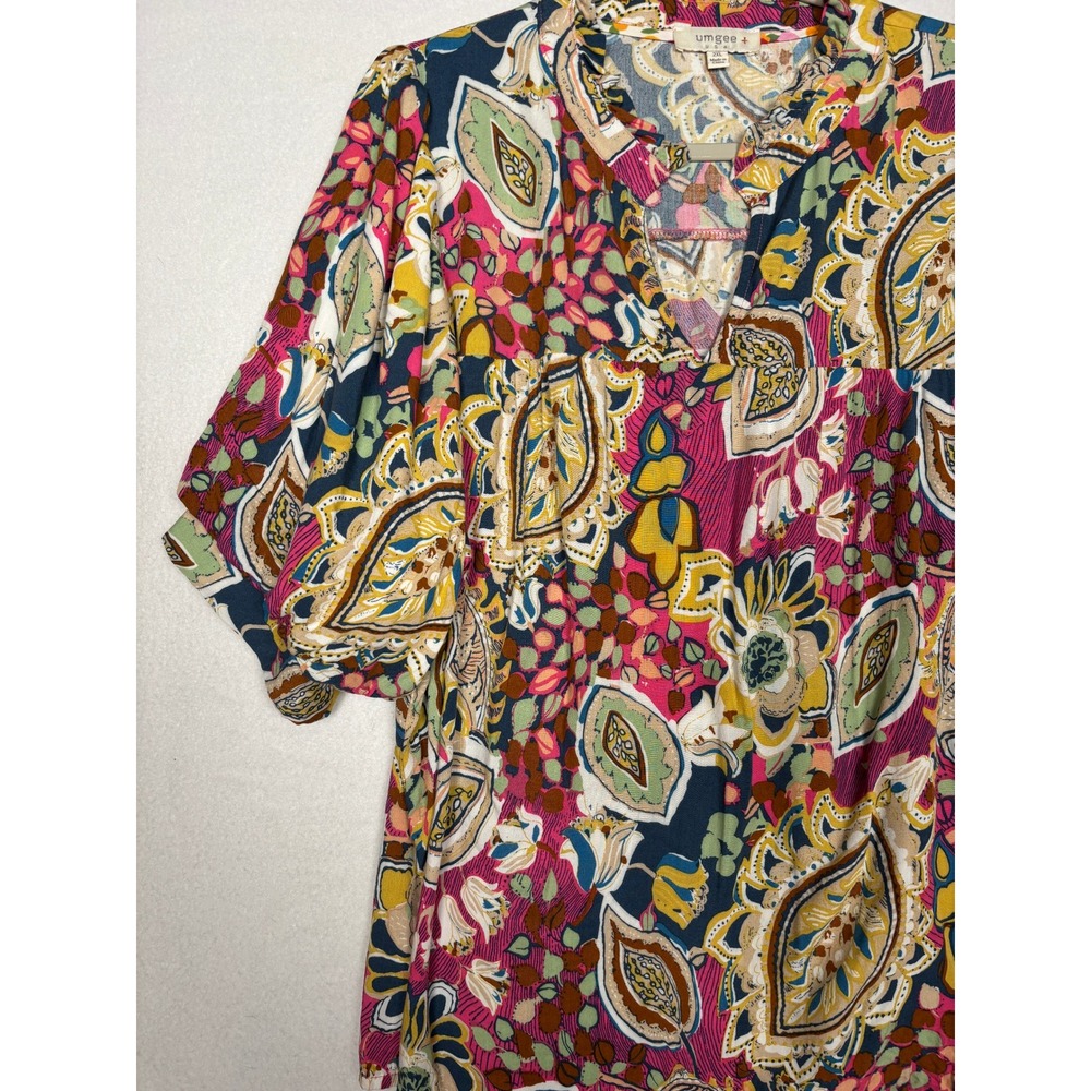 Umgee Top Womens 2X Plus Paisley Ruffle Neck Puff Sleeve Babydoll